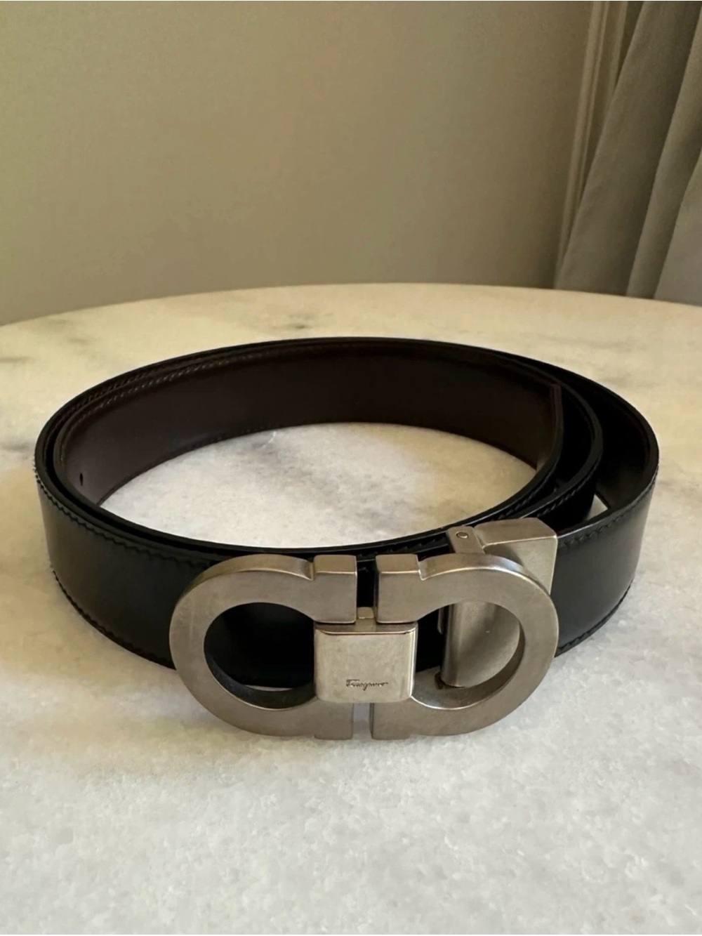 Salvatore Ferragamo Black Leather Belt with Silver Double Gancini Buckle
